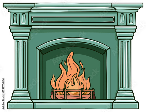 Cartoon Fireplace with Burning Flame Illustration Warmth Comfort Green Stone Structure