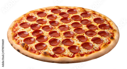 A whole pepperoni pizza with melted cheese and crust, isolated on transparent background