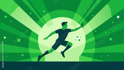 Soccer player kicking ball green background