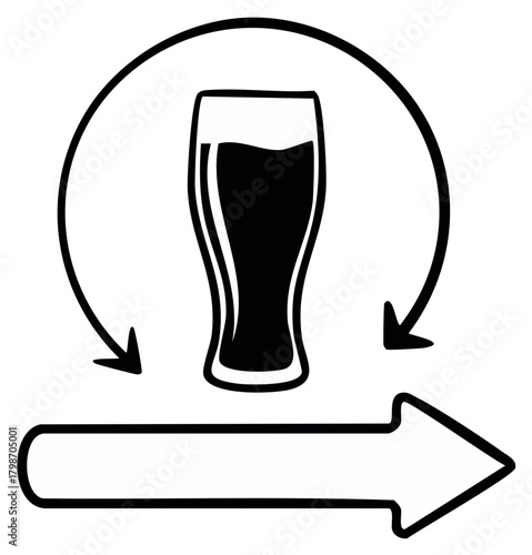 Beer delivery and refill service icon with pint glass and arrows Simple black line art graphic for bar or pub