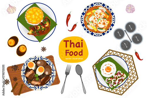 Thai Dish Set – Authentic Thai Cuisine Vector Illustration.Top-view of classic Thai dishes with rice, eggs, stir-fried meals, dessert, and herbs. Ideal for menus, posters, blogs, and food branding.