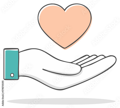 Stylized Open Hand Offering a Heart Shape, Concept for Love, Giving, Care, Charity and Support, Flat Design Illustration
