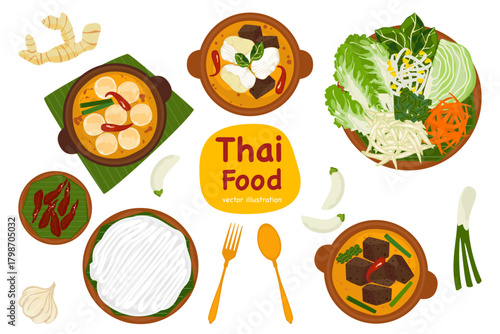 Thai Noodles and Curry Set – Traditional Thai Food Vector Illustration.Thai noodles, curry, vegetables, and herbs in top-view style. Clean, modern, and perfect for menus, packaging, and food content.