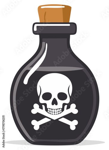 Vintage black poison bottle illustration with a skull and crossbones warning symbol