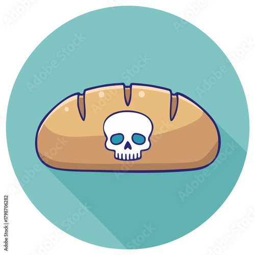 Cartoon illustration of a loaf of bread with a skull symbol, a concept for danger or unhealthy food
