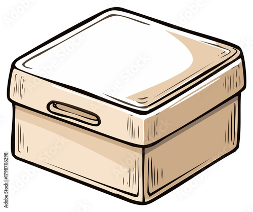 Hand drawn illustration of a closed beige storage box with a lid and handles