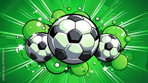 Three soccer balls with green background