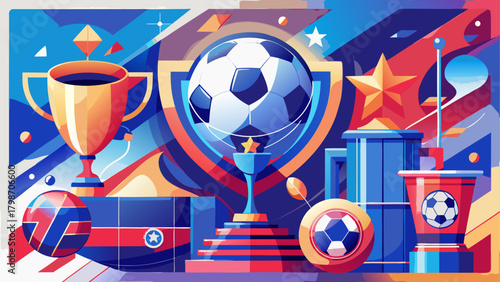 Illustration of soccer themed awards and balls