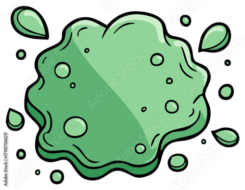 Green blob with bubbles and droplet shapes in a cartoon style