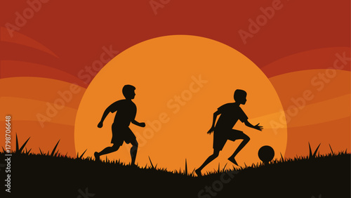 Silhouette of boys playing soccer sunset