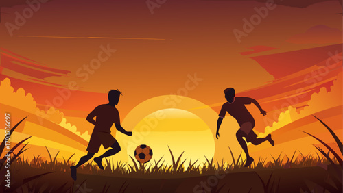 Silhouetted soccer players at sunset play