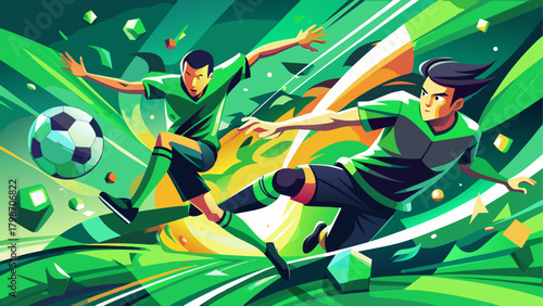 Two soccer players kicking the soccer ball
