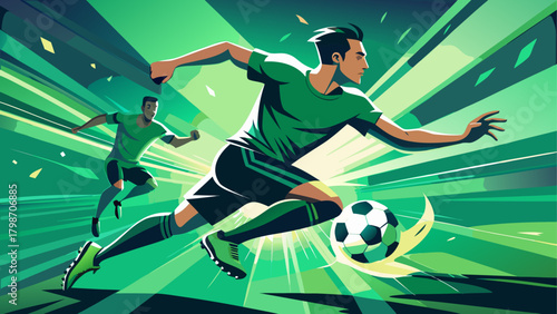 Soccer players in action with green theme