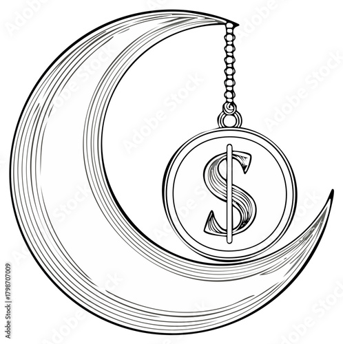 Crescent moon with a hanging dollar sign coin vector illustration for financial goals and investment concepts