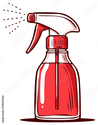 Illustration of a Red Spray Bottle with Liquid Spraying from Nozzle for Cleaning or Gardening Purposes