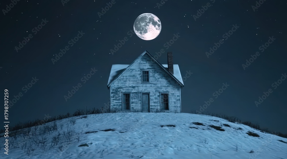Naklejka premium Old abandoned house on a snow covered hill under a clear starry night sky with a bright full moon, featuring copy space