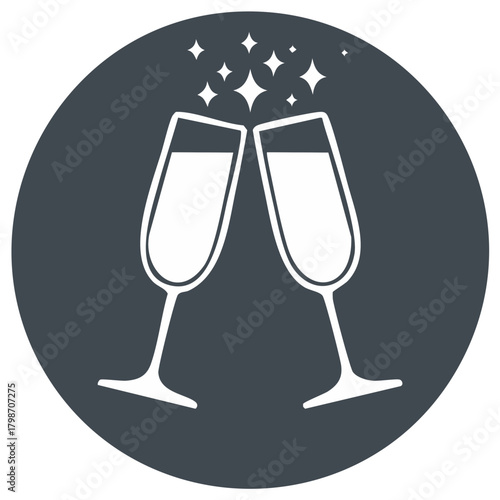 Two Sparkling Champagne Glasses Toasting Celebration Against Gray Circle