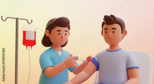 Nurse gives injection to patient with blood bag nearby