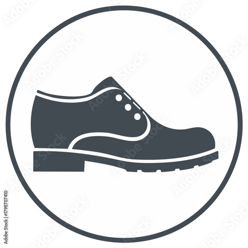 Illustrated icon of an oxford shoe inside a circle. Simple, flat design style in monochrome.