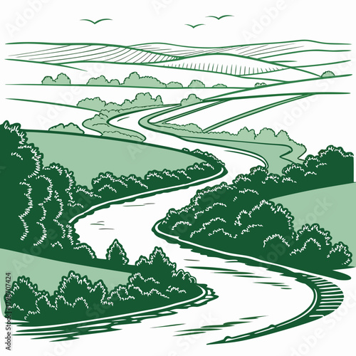 Scenic river winding through rolling hills and farmland isolated on