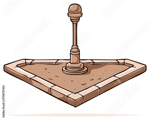 Hand drawn cartoon illustration of a floating triangular stone platform with a decorative bollard, a fantasy game asset