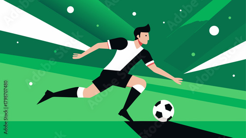 A soccer player kicking a ball on a field