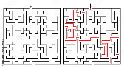 20 by 20 Orthogonal Rectangular Maze Game for Adults - Simple and Easy Maze Game Flat Vector Black and White Outline Illustration - Problem Solving Game kdp.