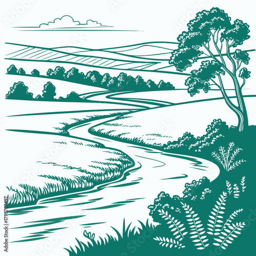 Picturesque river flowing through farmland and hills isolated on