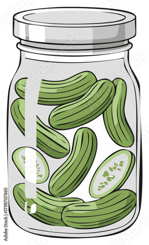 Pickled cucumbers illustration in jar. Fermented vegetables, traditional pantry foods