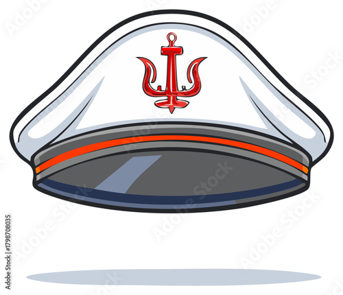 Cartoon White Captain Hat with Red Anchor Symbol Isolated Illustration