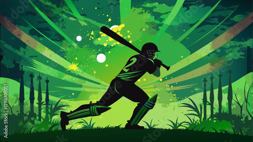 Silhouette cricket player with bat swing