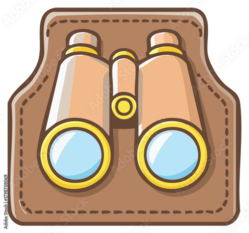 Doodle style illustration of vintage binoculars in a stitched leather case for travel and adventure