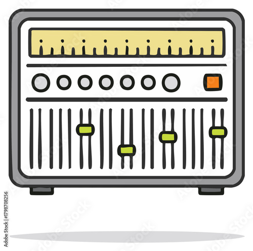 Hand-drawn illustration of a sound mixing console with sliders and knobs