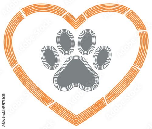 Stylized pet paw print inside orange heart, animal love symbol design, graphic art, vector illustration for veterinary pet care adoption
