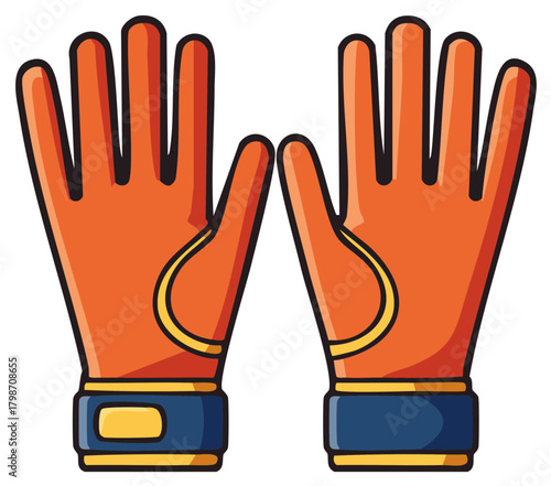 Cartoon illustration of a pair of orange sports gloves with blue wristbands and yellow trim