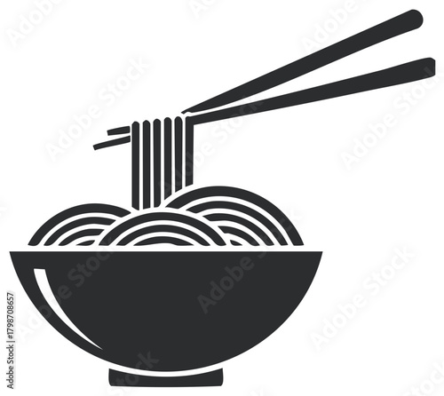 Traditional Asian noodles in a serving bowl with chopsticks graphic design element