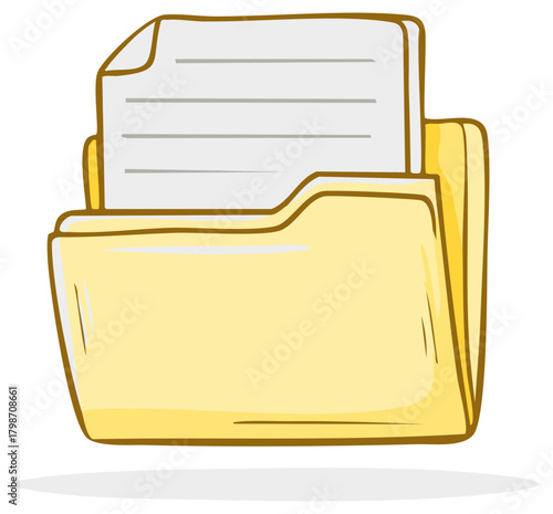 Cartoon Style Yellow Document Folder with Paper File Inside for Data Organization and Storage