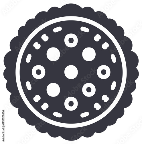 Simple glyph icon of a round sweet pie with a scalloped crust and toppings