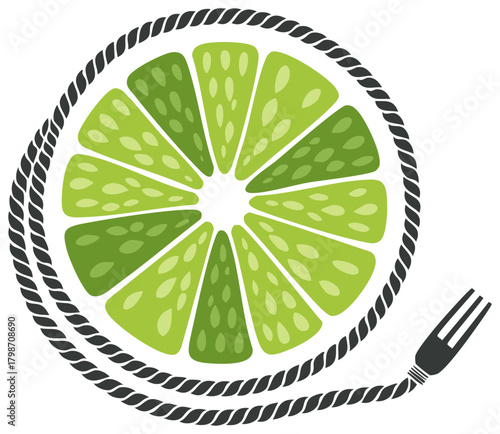 Creative restaurant logo concept with a fresh lime slice circled by a rope fork
