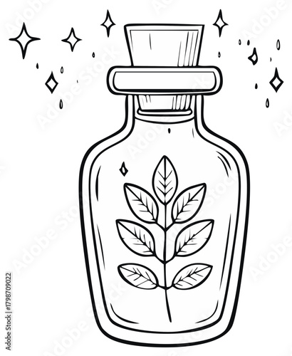 Herbal Elixir in Glass Bottle with Cork Stopper and Sparkling Stars Outline Drawing