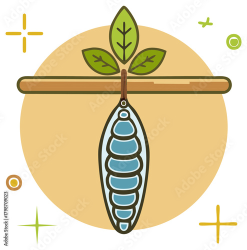 Hanging Insect Cocoon with Leaves Icon on Branch and Yellow Background