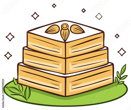 Sweet layered pastry dessert with almonds and syrup on a green platter