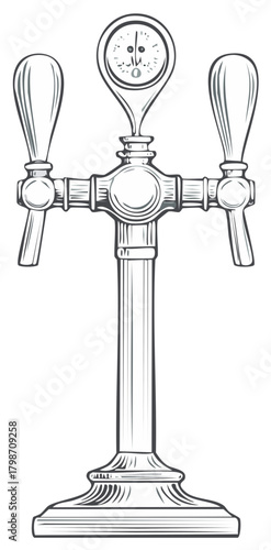 Retro Beer Tap with Gauge and Two Handles Vintage Line Art Illustration
