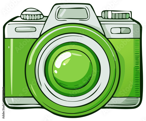 Stylish Green Camera Illustration Depicting Photographic Equipment, Arts and Creative Media Production, Modern Design and Capture Tools, Retro Vibe