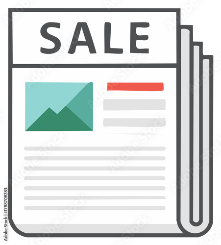 Newspaper with 'SALE' headline, graphic illustrations and stacked pages, vector illustration.
