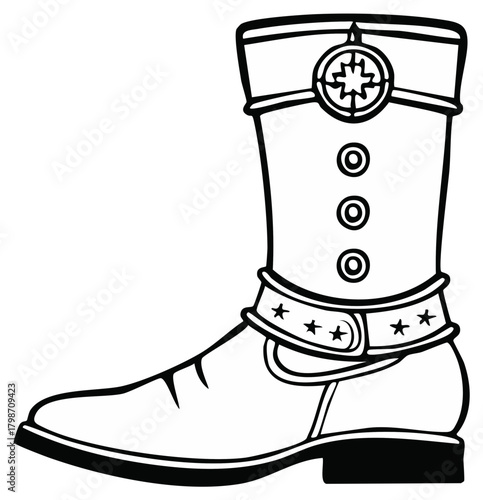 Vintage Cowboy Boot Illustration with Star Accents and Circular Emblem