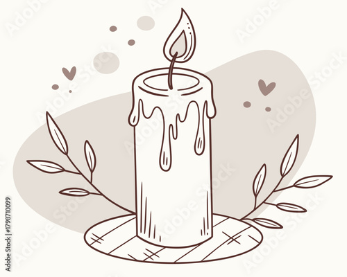 Illustration of a candle with melting wax and decorative leaves around it