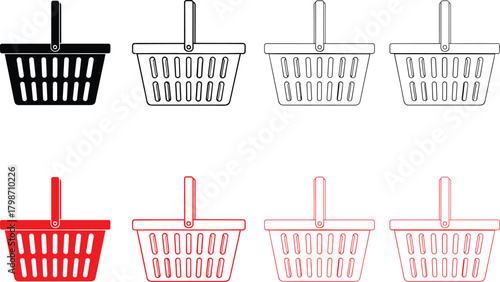 Shopping basket icons in black and red, showing clean modern silhouettes for retail, grocery, supermarket, and commerce design projects.