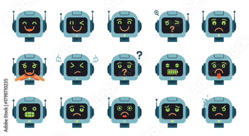A diverse collection of adorable cartoon robot heads expressing various human emotions and digital states, including joy, anger, and low battery.