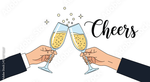 Two hands, one in a dark suit, clinking champagne glasses in a celebratory toast with the word 'Cheers' written in elegant script, against a clean white background.